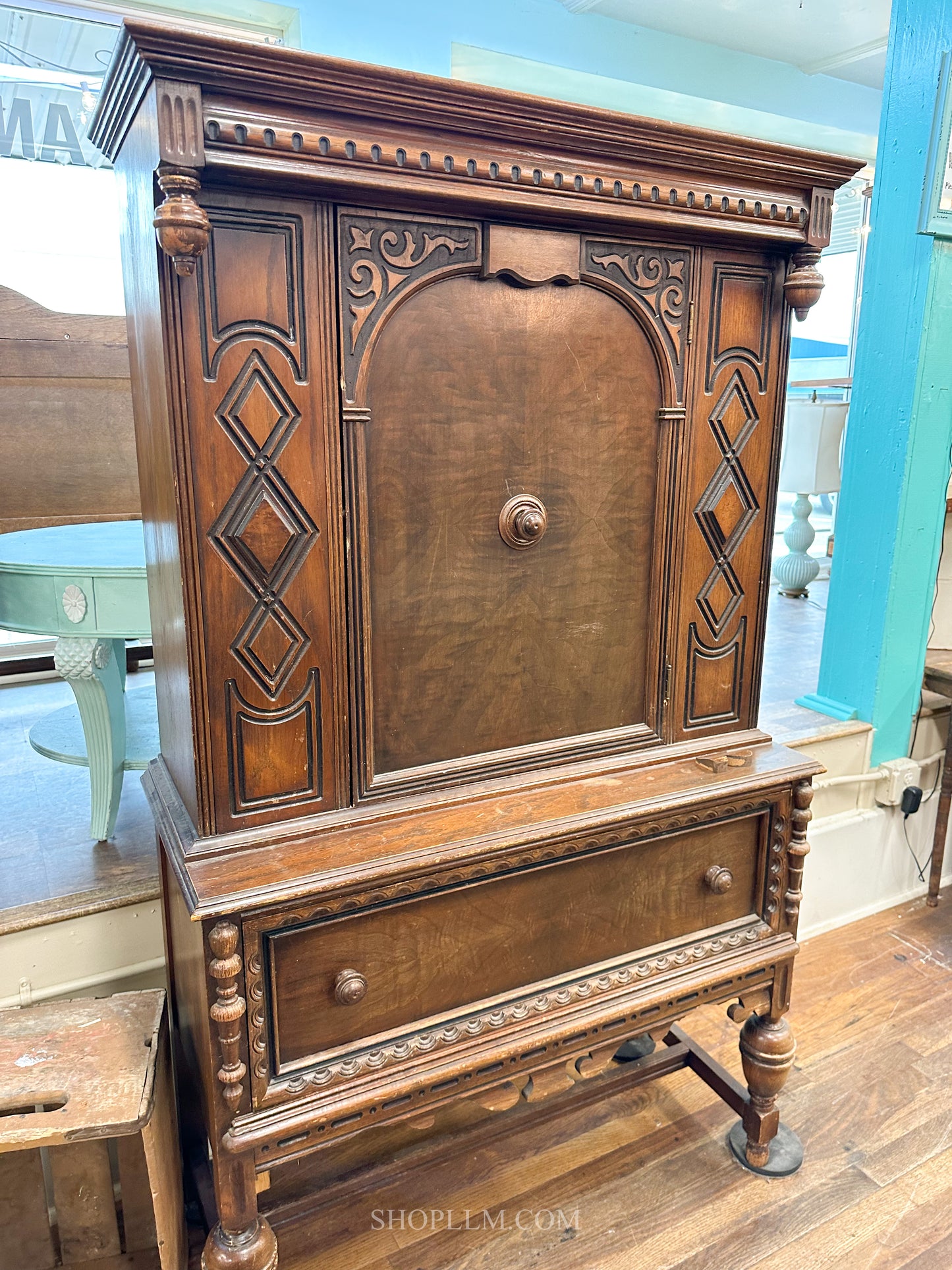 Antique Ornate Wood Cabinet w/ Shelves