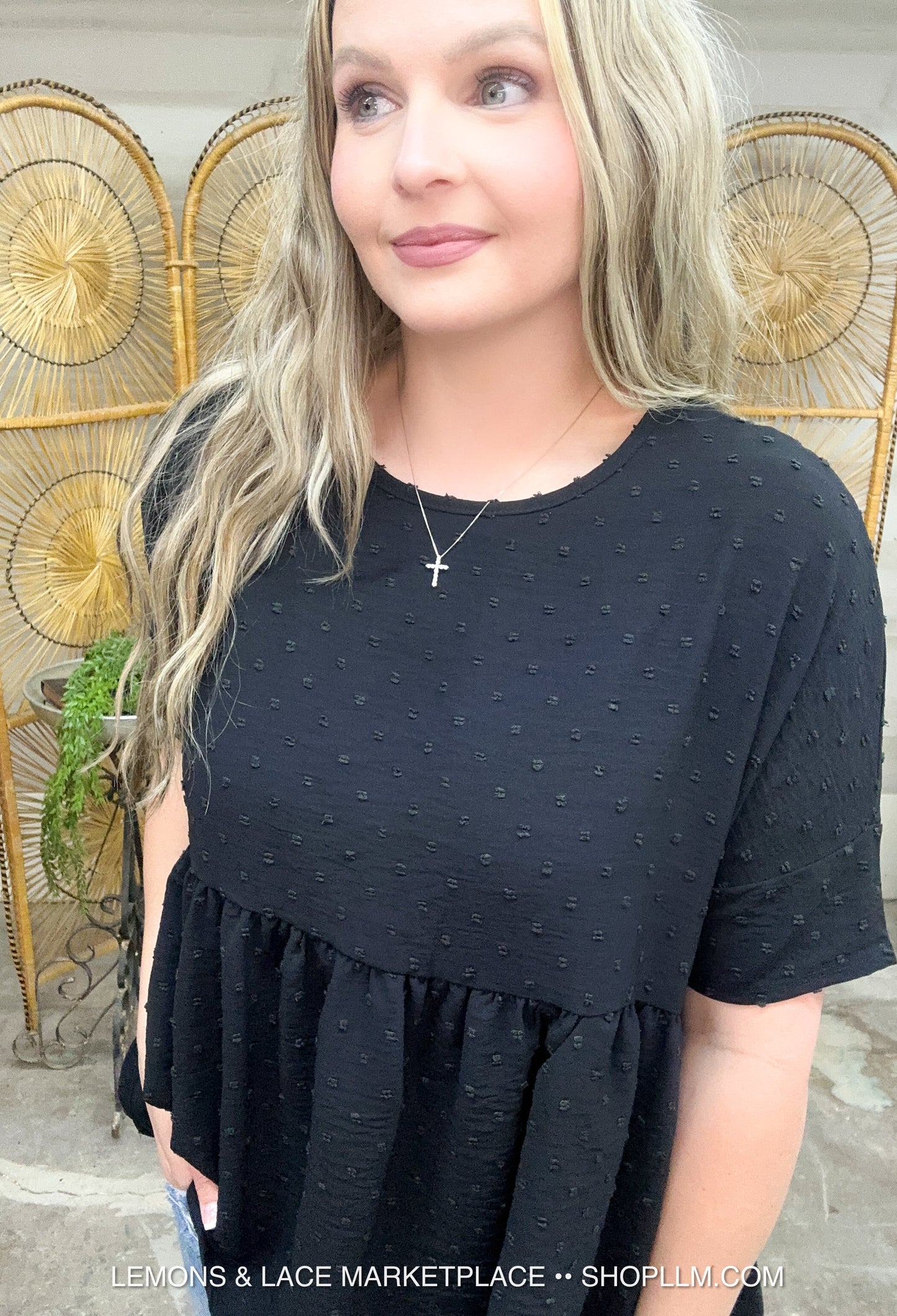 Dainty Textured Peplum Top Black