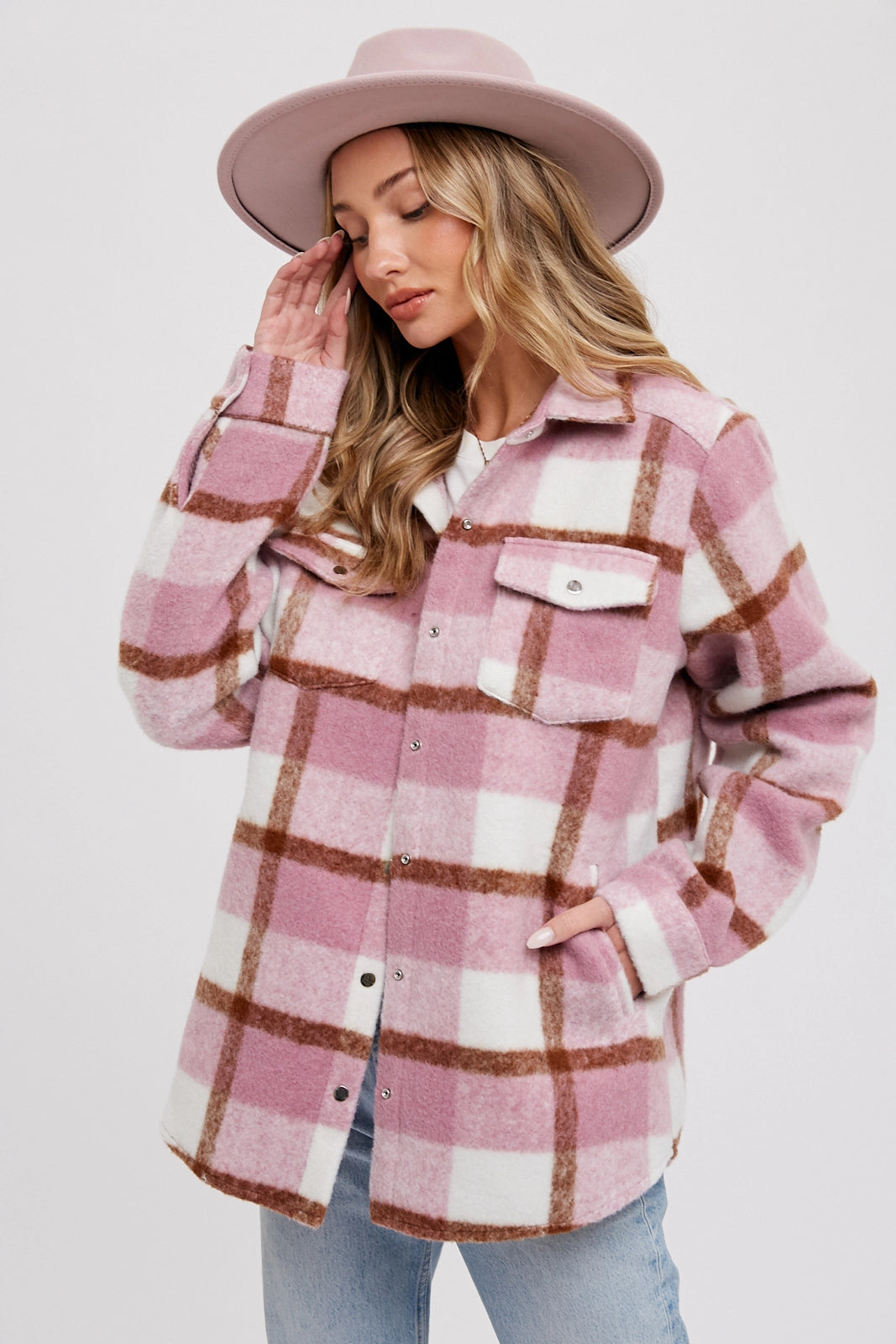 Plaid Brushed Flannel Shacket Mauve