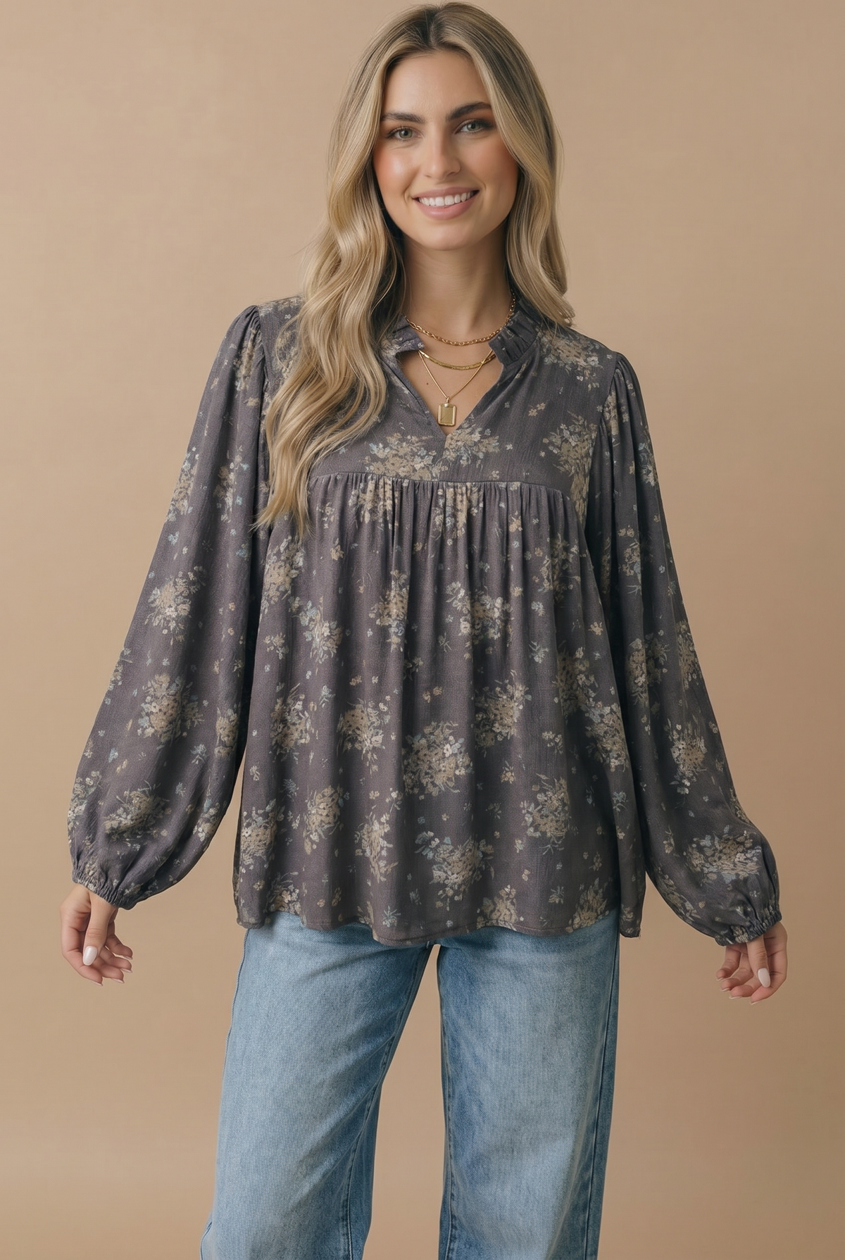 Floral Frilled Notch Neck Woven Blouse