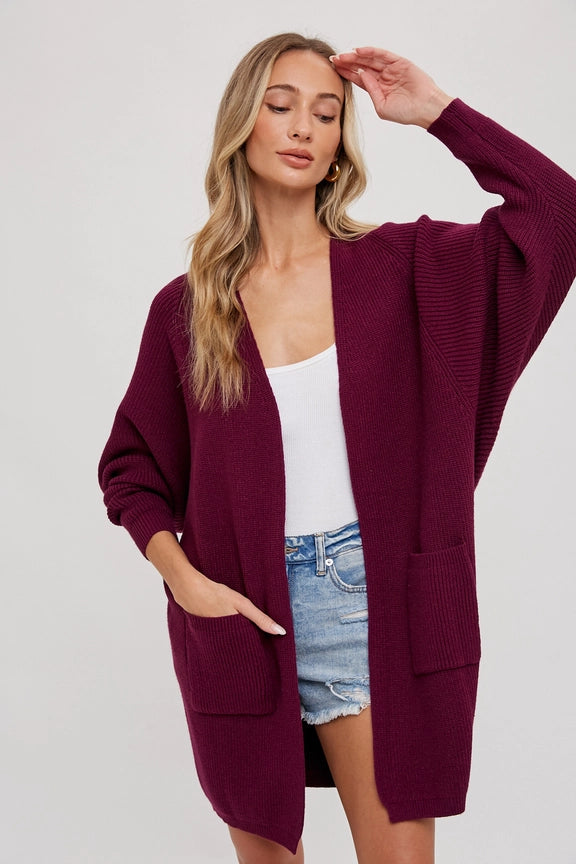 Open Front Batwing Sleeve Cardigan Plum