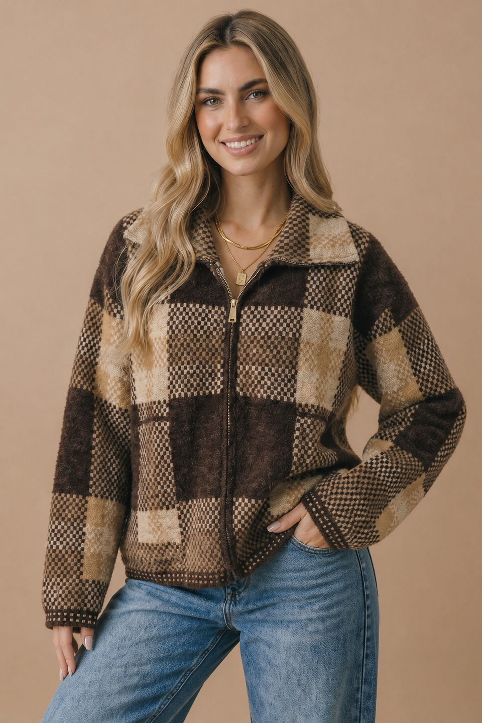 Checkered Jacquard Oversized Fit Jacket