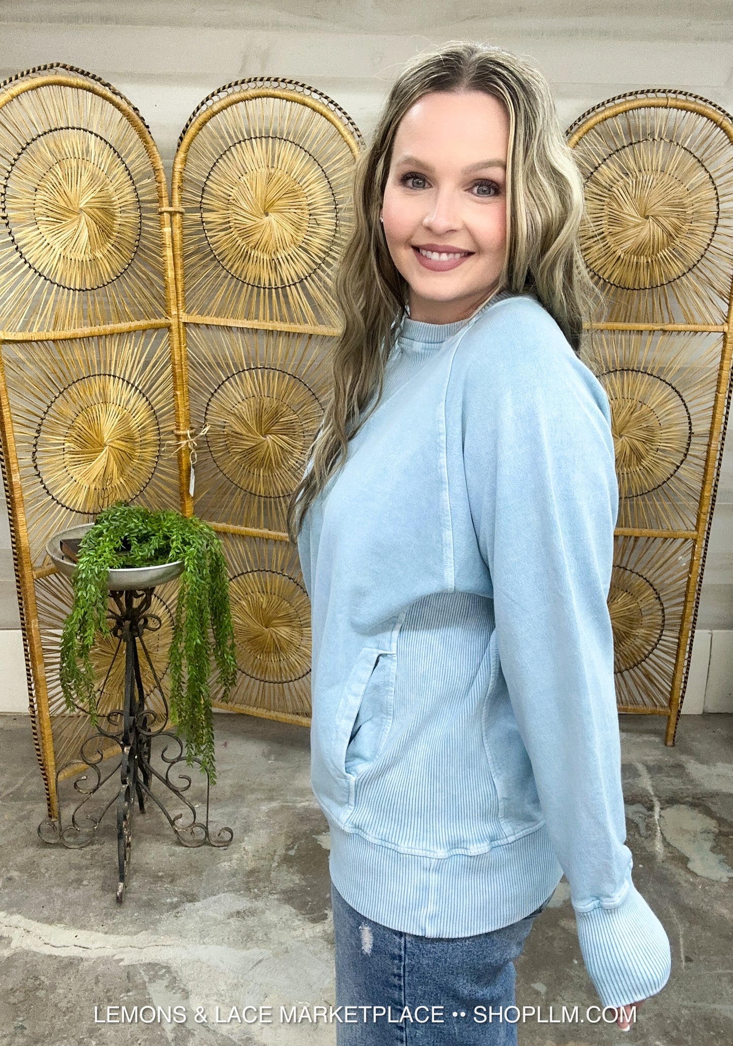 Dusty Teal Acid Washed French Terry Pullover