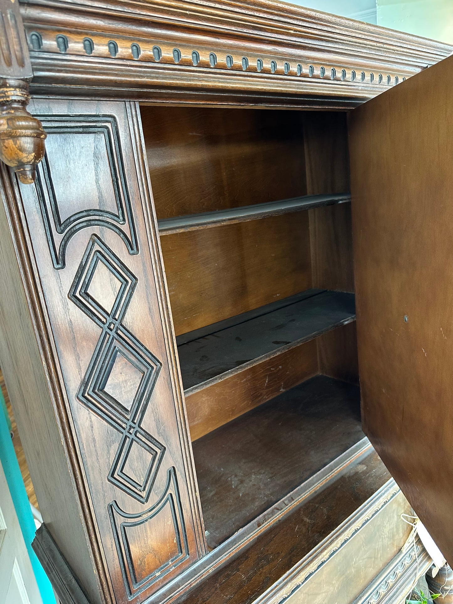 Antique Ornate Wood Cabinet w/ Shelves