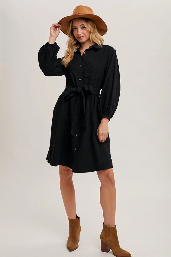 Button Down Tie Waist Shirt Midi Dress