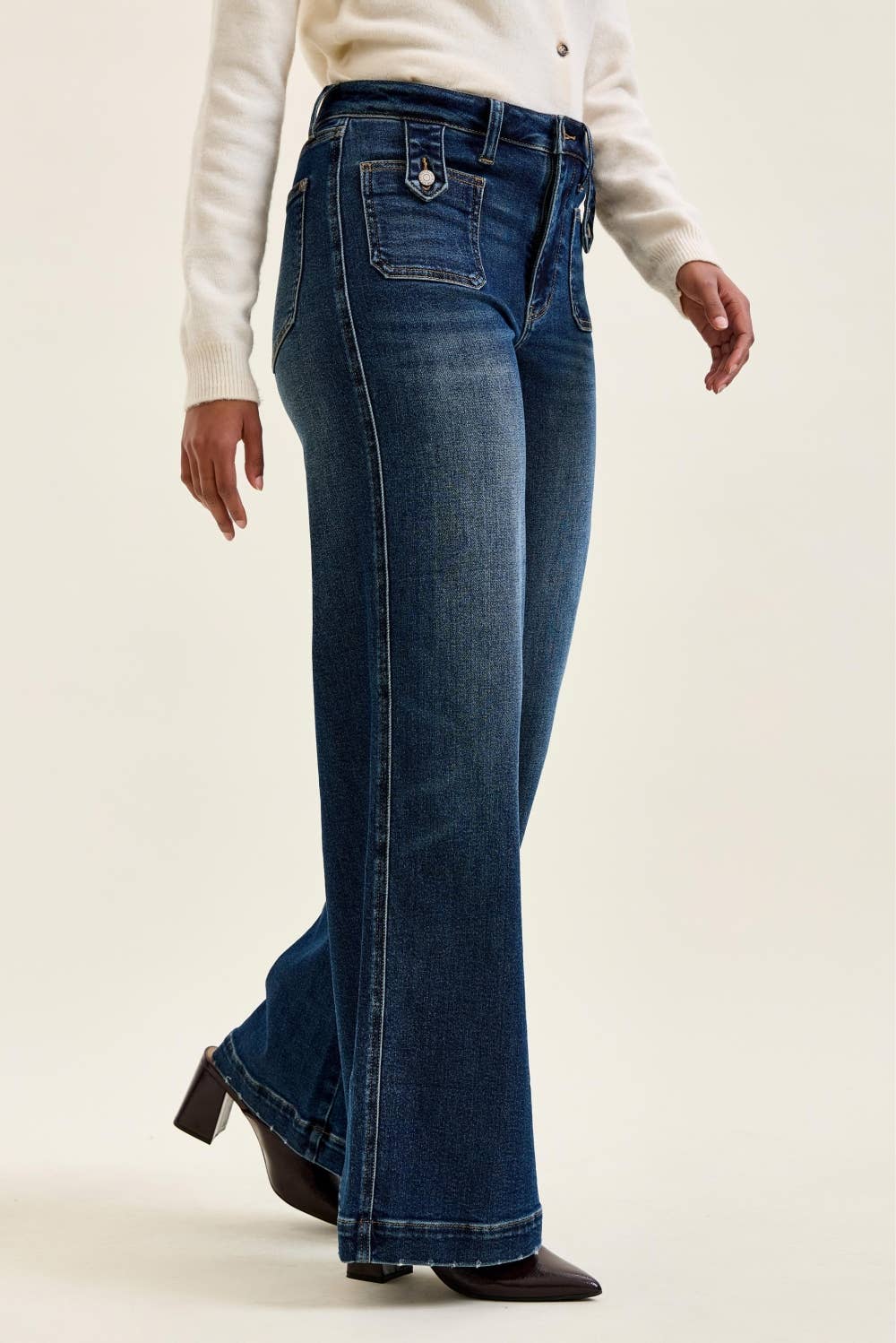 LUX High Waisted Retro Wide w/ Front Tab Closure DK Fade Indigo