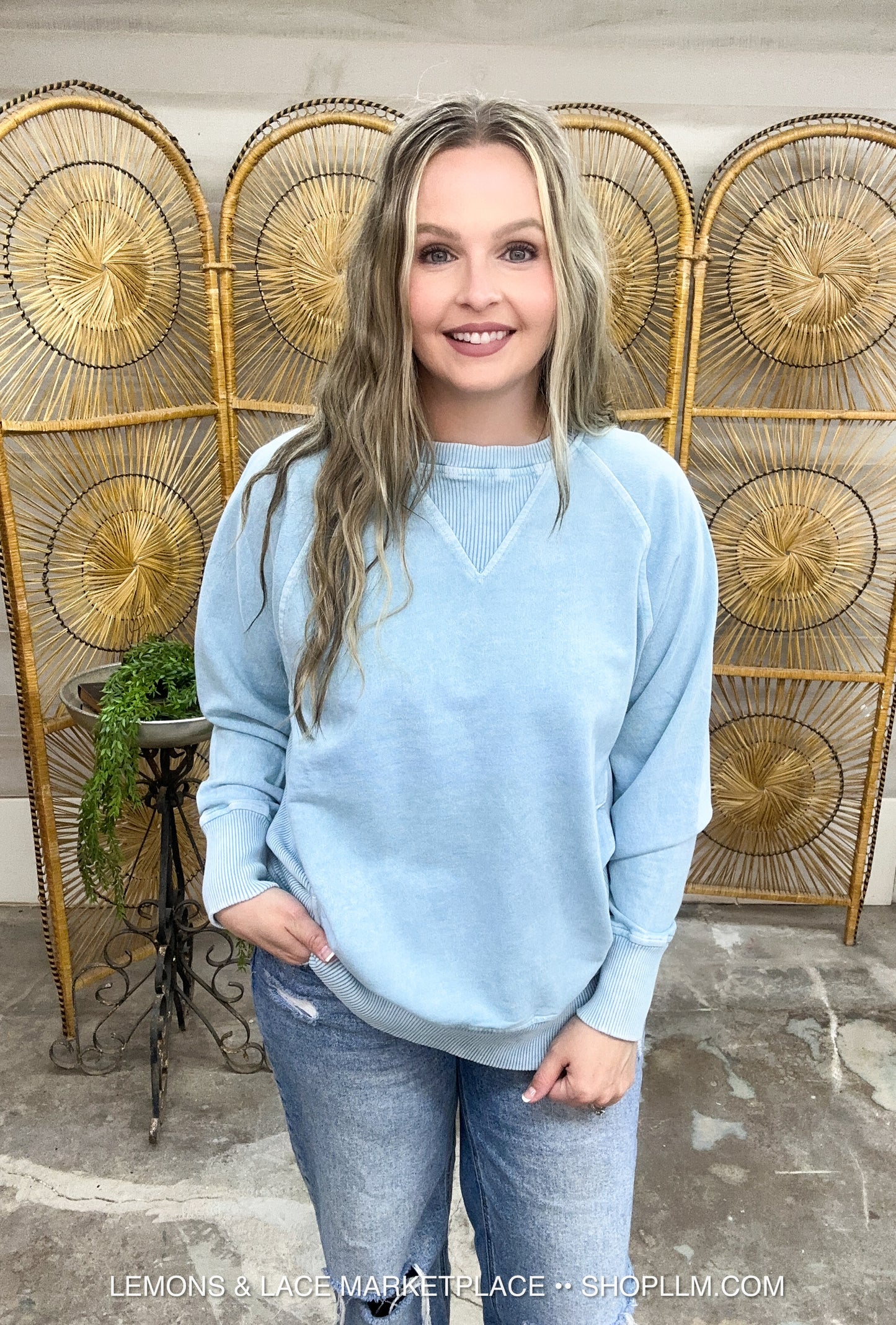 Dusty Teal Acid Washed French Terry Pullover