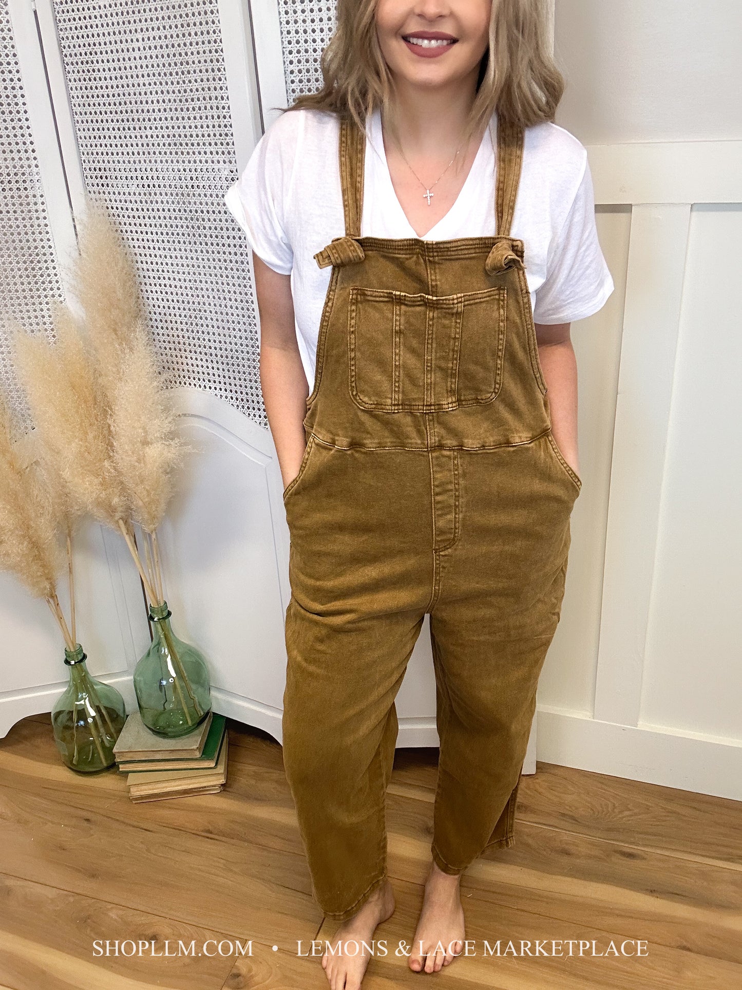 Washed Knot Strapped Relaxed Overalls