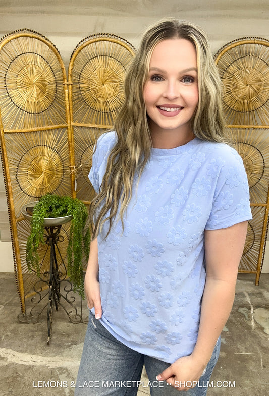 Textured Floral Pattern Top Light Blue