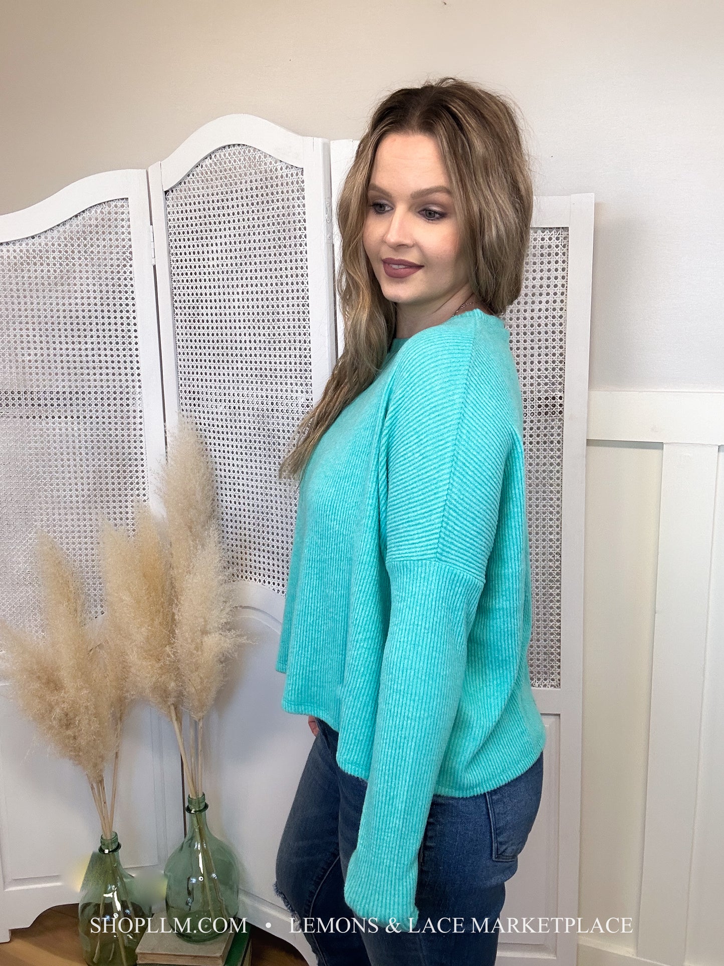 Turquoise Ribbed Dolman Sweater