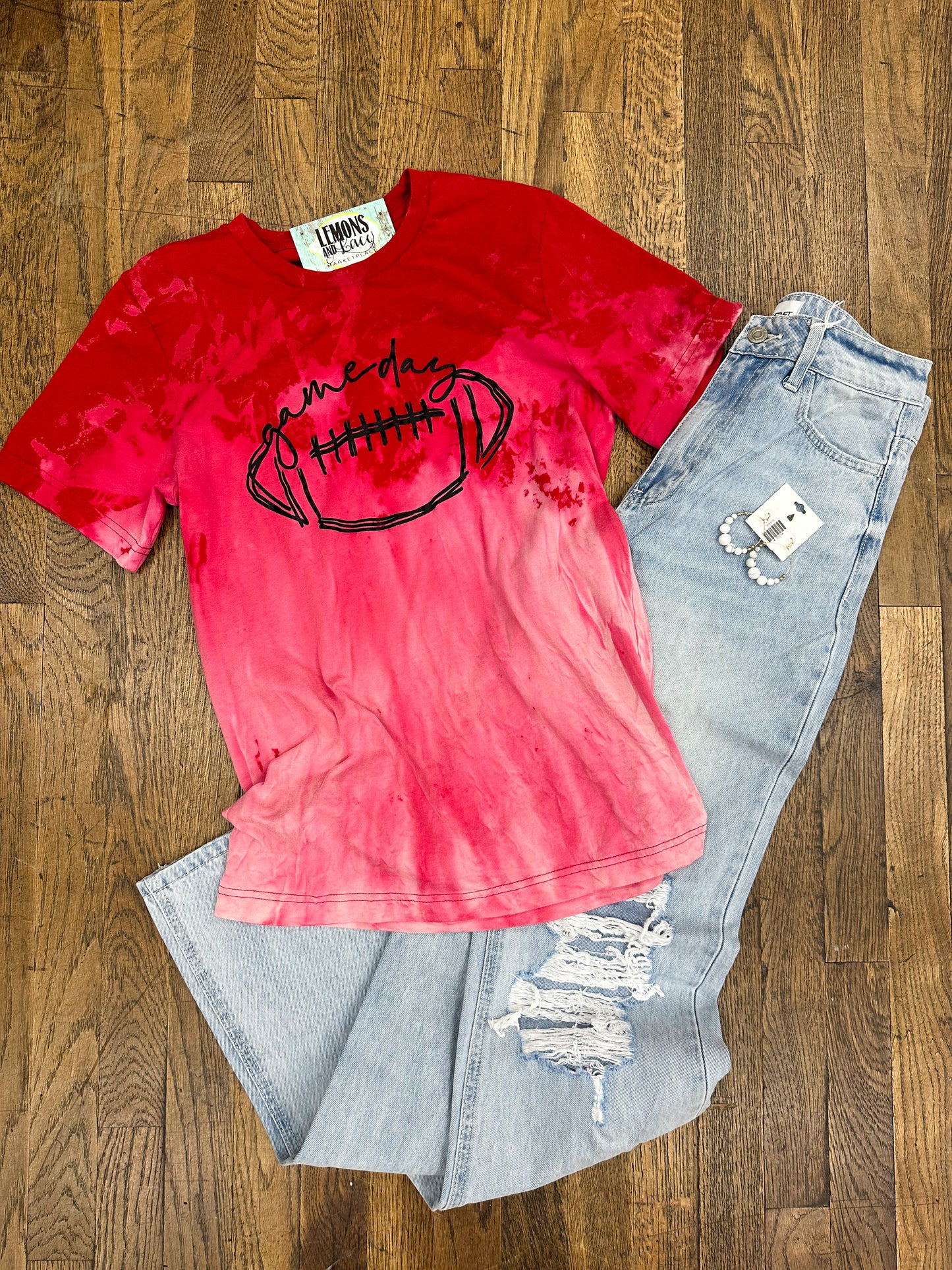 Red Bleached Game Day Football Graphic Tee