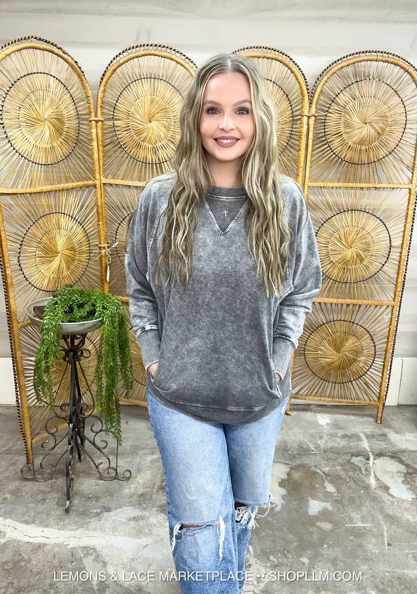 Ash Black Acid Washed French Terry Pullover
