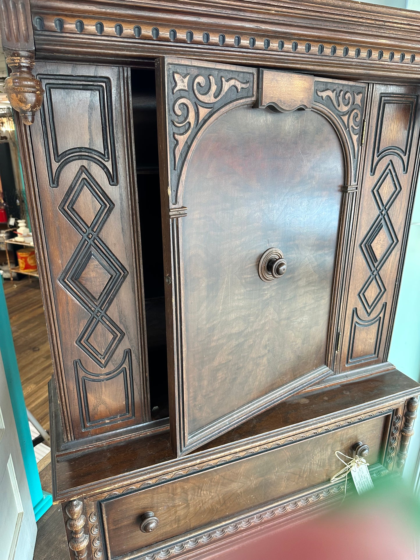 Antique Ornate Wood Cabinet w/ Shelves