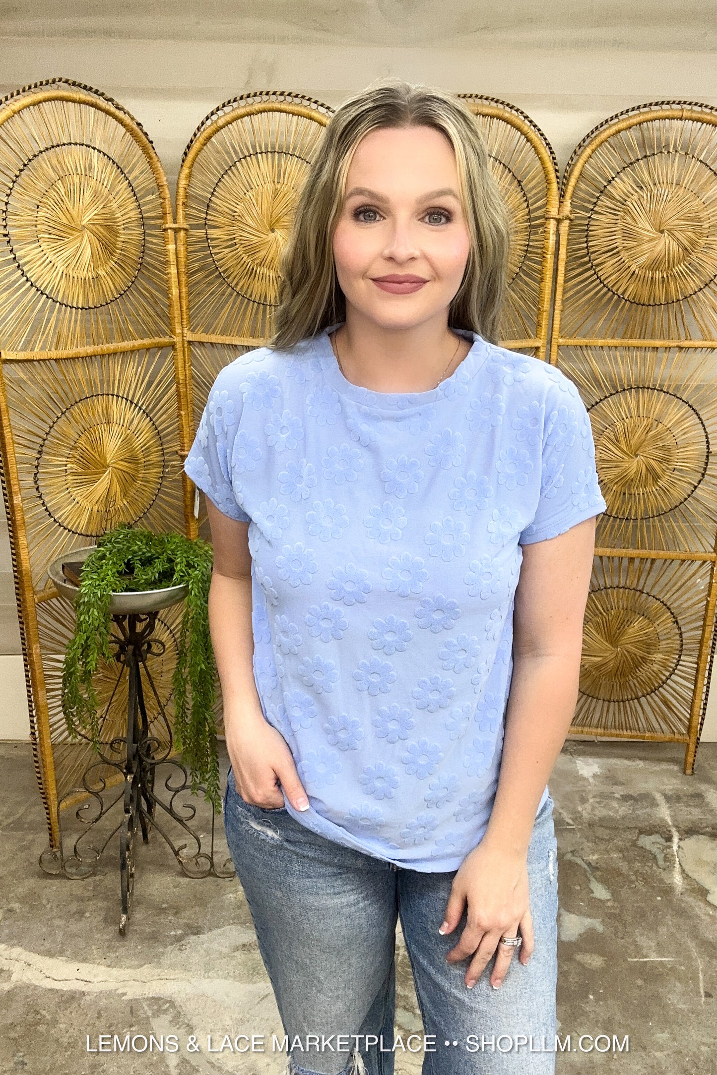 Textured Floral Pattern Top Light Blue