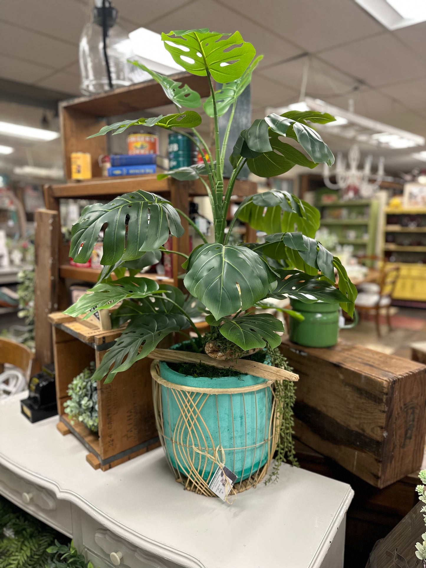 Faux Monstera Plant with Basket
