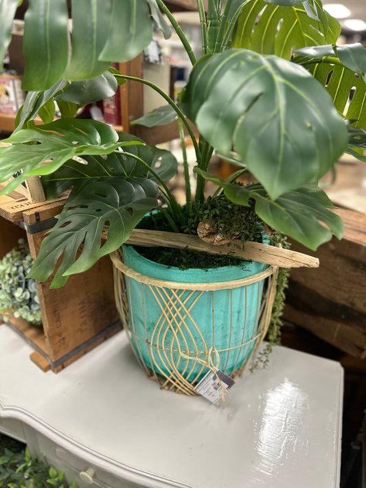 Faux Monstera Plant with Basket