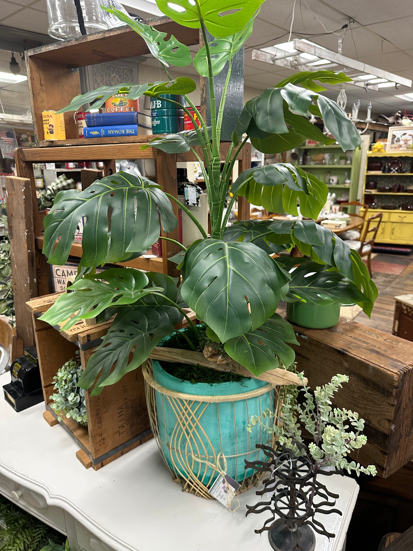 Faux Monstera Plant with Basket