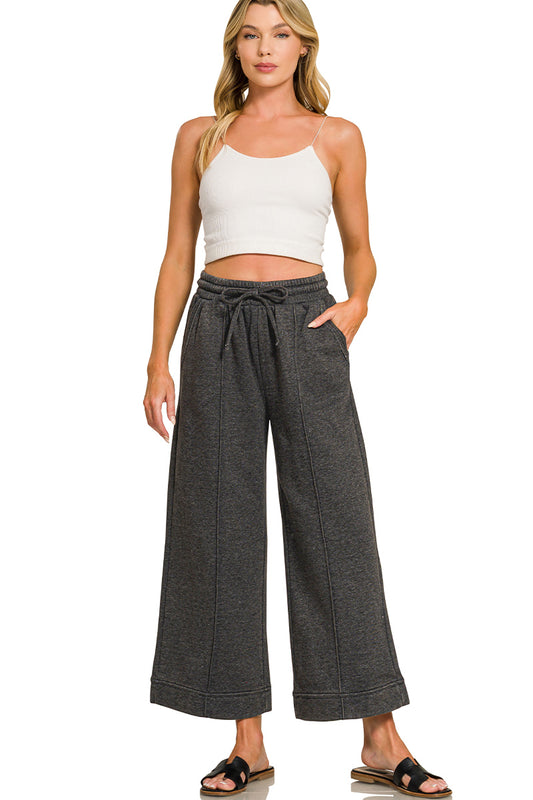 Acid Wash Fleece Pintuck Wide Leg Cropped Pants Black