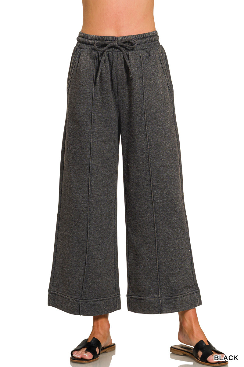 Acid Wash Fleece Pintuck Wide Leg Cropped Pants Black