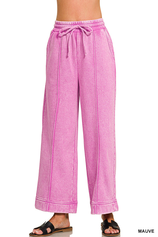 Acid Wash Fleece Pintuck Wide Leg Cropped Pants Mauve