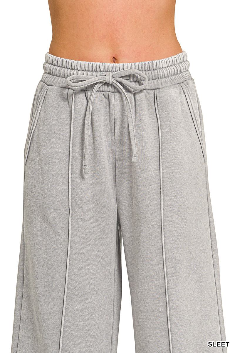 Acid Wash Fleece Pintuck Wide Leg Cropped Pants Black