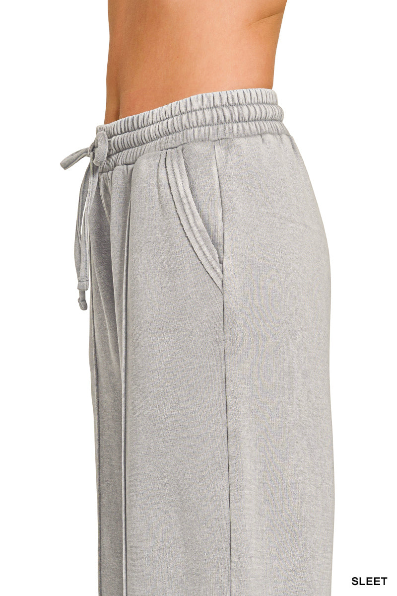 Acid Wash Fleece Pintuck Wide Leg Cropped Pants Black