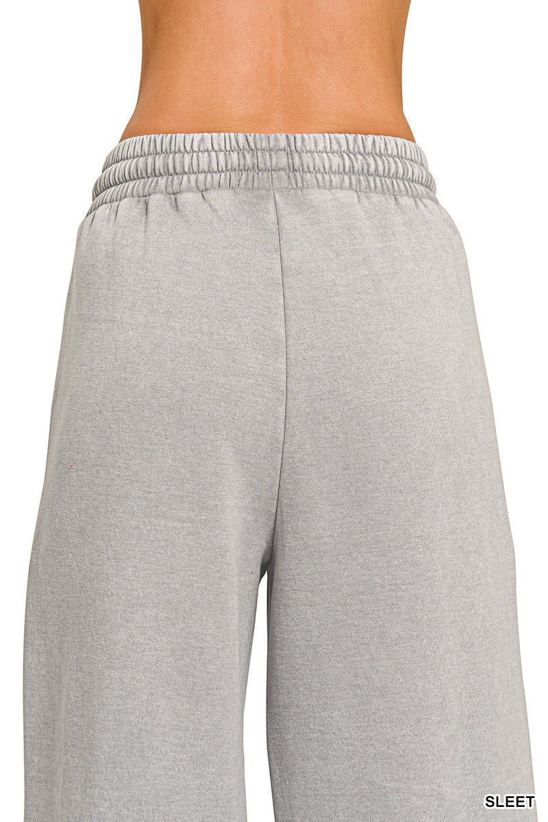 Acid Wash Fleece Pintuck Wide Leg Cropped Pants Black