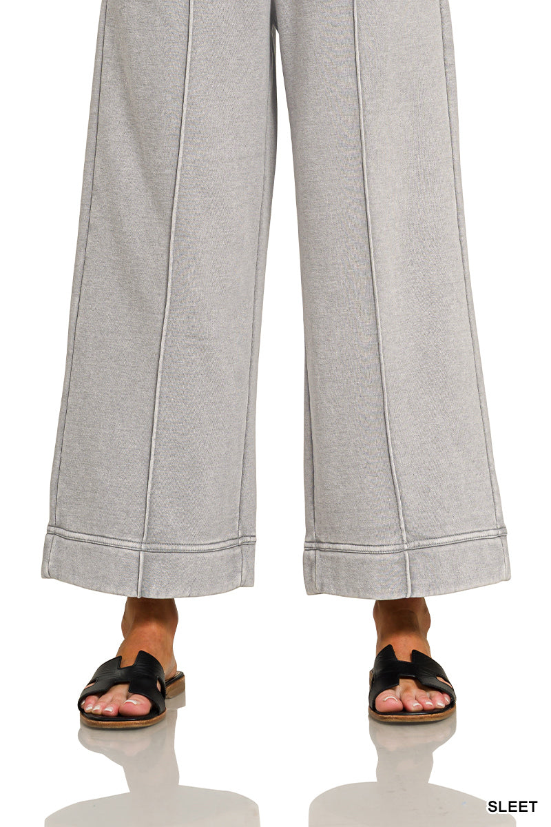 Acid Wash Fleece Pintuck Wide Leg Cropped Pants Black