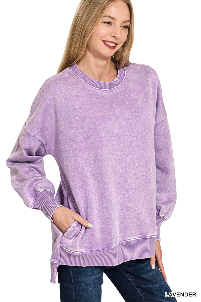 Lavender Acid Wash Hi-Low Fleece Pullover