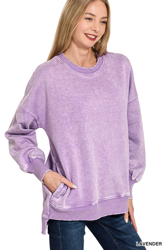 Lavender Acid Wash Hi-Low Fleece Pullover