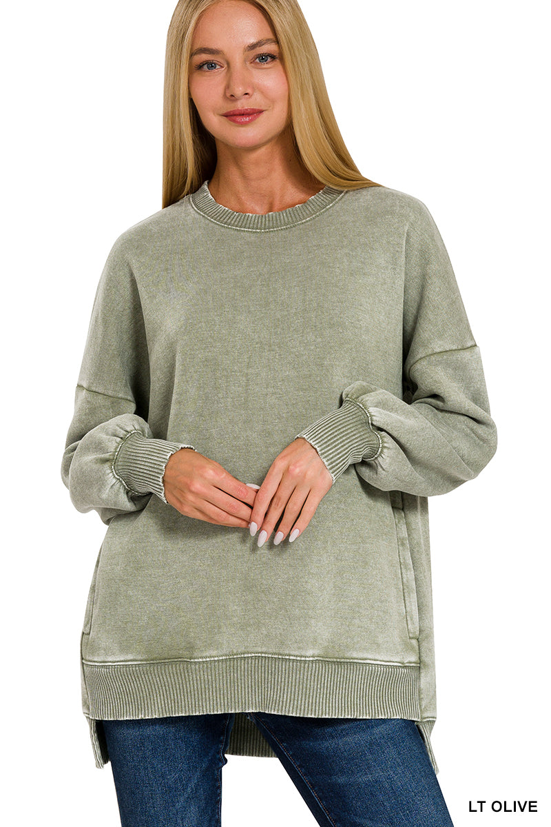 Light Olive Acid Wash Hi-Low Fleece Pullover