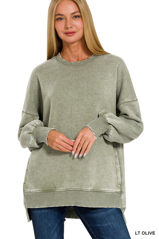Light Olive Acid Wash Hi-Low Fleece Pullover