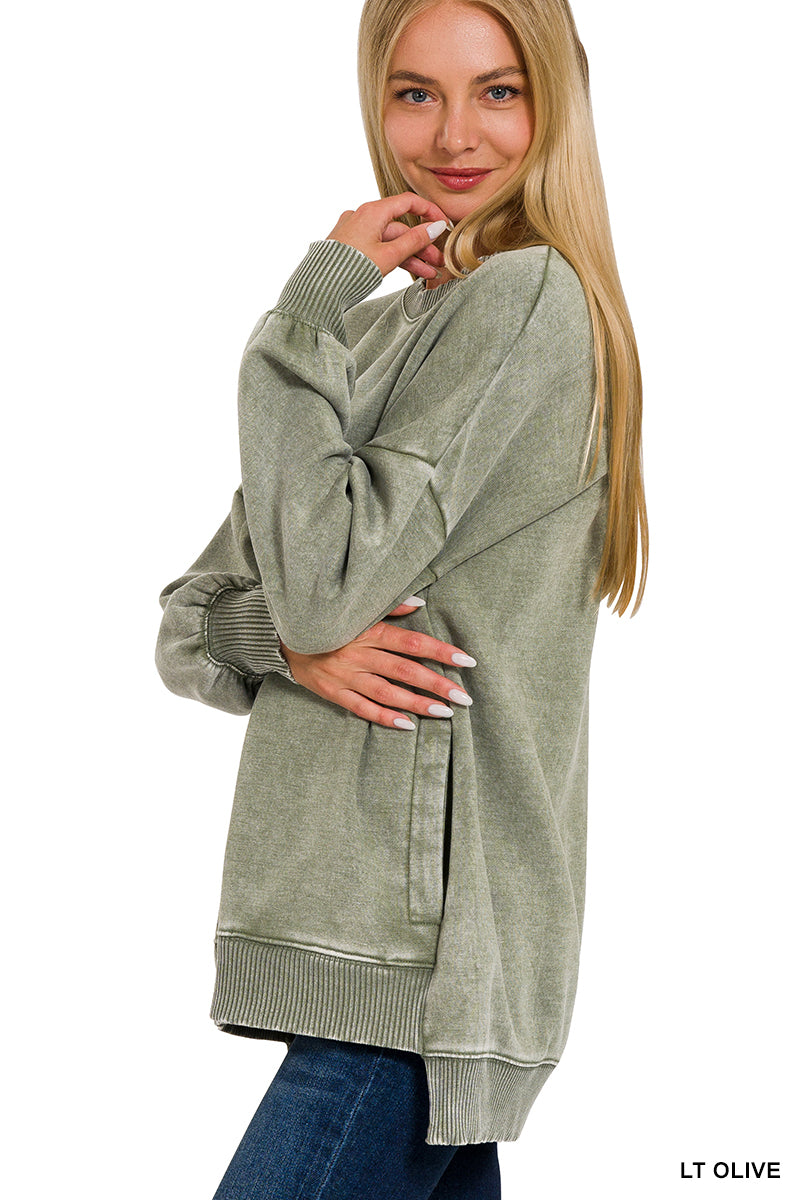 Mocha Acid Wash Hi-Low Fleece Pullover