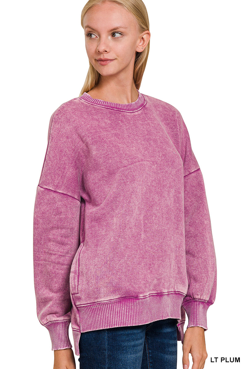 Light Plum Acid Wash Hi-Low Fleece Pullover