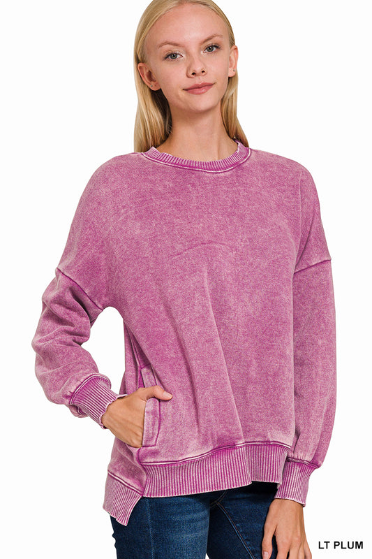 Light Plum Acid Wash Hi-Low Fleece Pullover