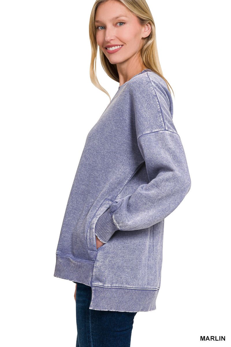 Lavender Acid Wash Hi-Low Fleece Pullover