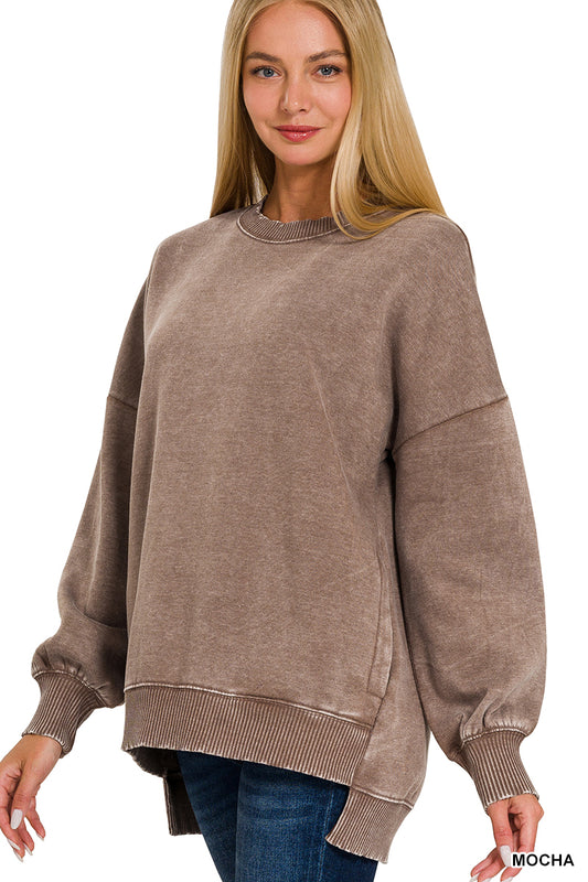 Mocha Acid Wash Hi-Low Fleece Pullover
