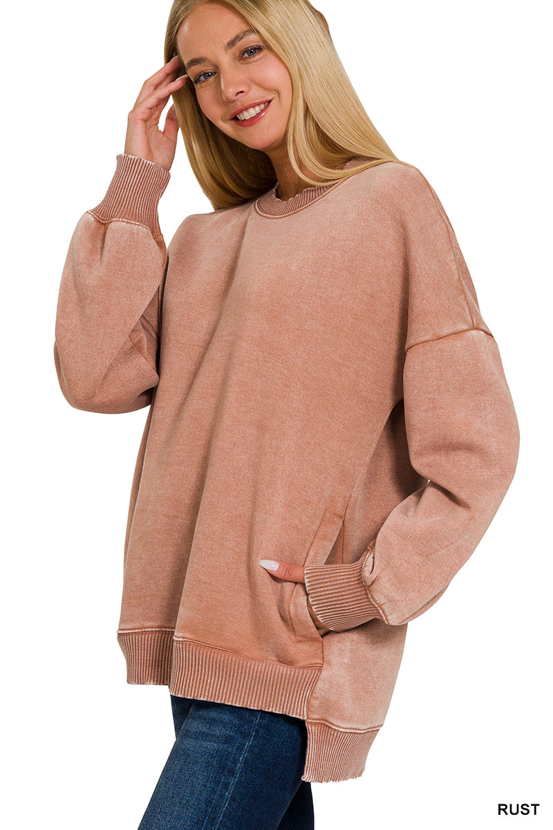 Rust Acid Wash Hi-Low Fleece Pullover