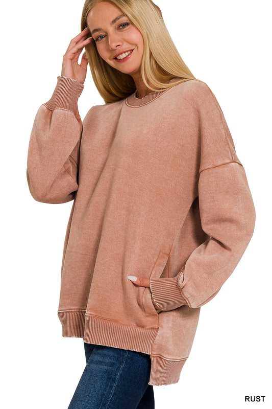 Rust Acid Wash Hi-Low Fleece Pullover