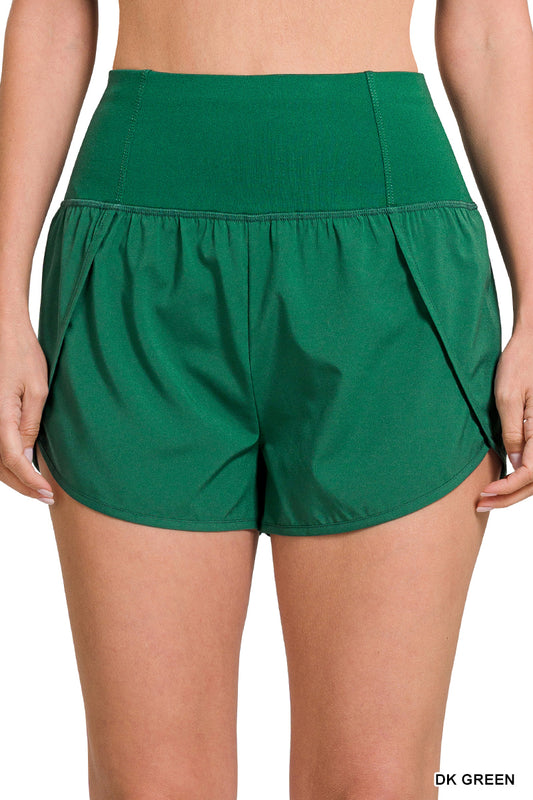 Dark Green High Waisted Zipper Back Pocket Running Shorts