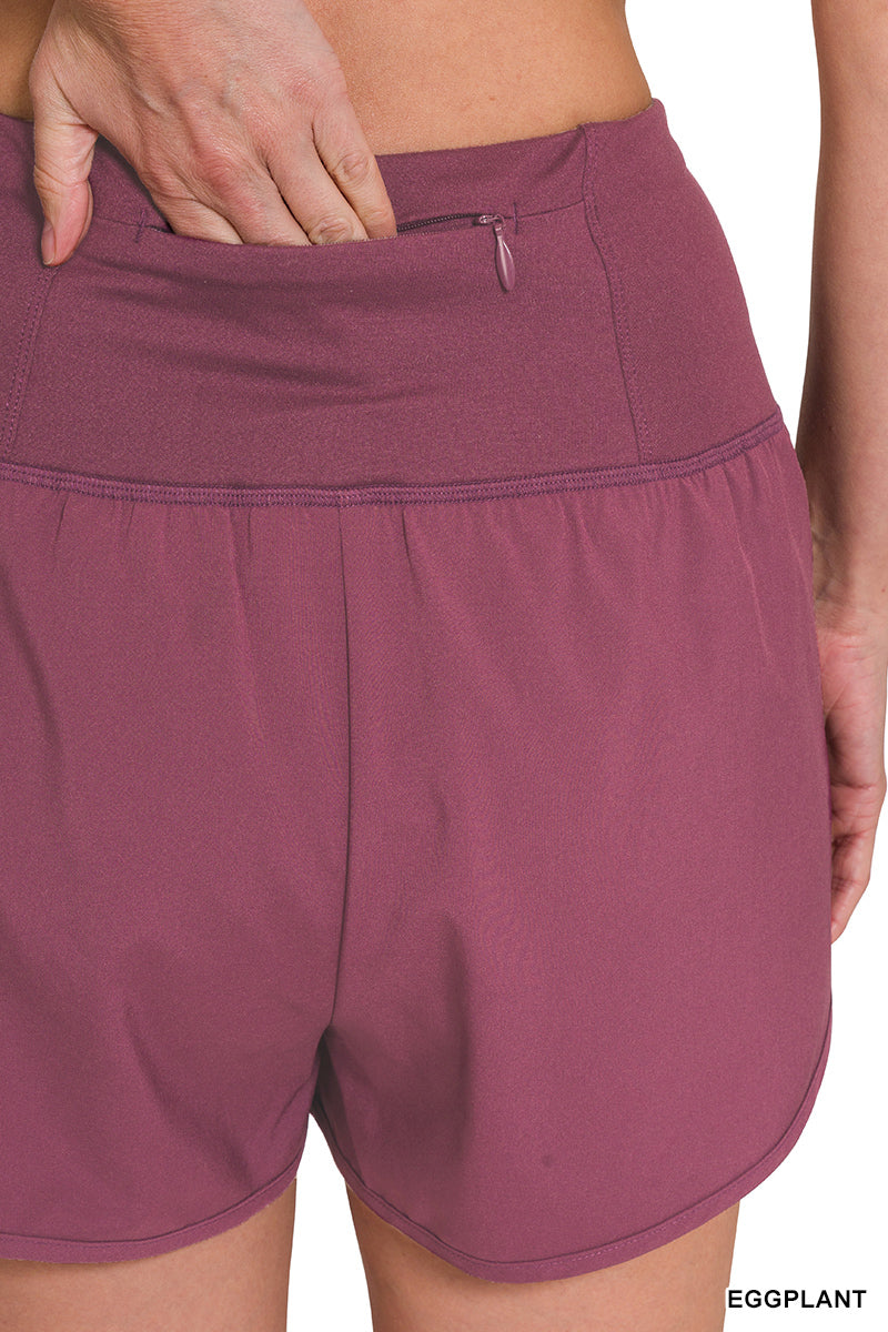 Olive High Waisted Zipper Back Pocket Running Shorts