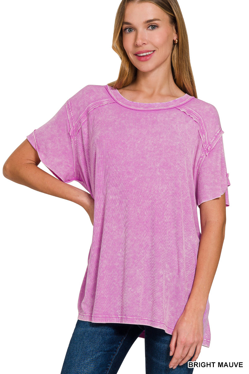 Bright Mauve Washed Ribbed Short Sleeve Top