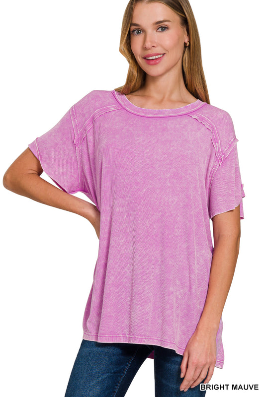 Bright Mauve Washed Ribbed Short Sleeve Top