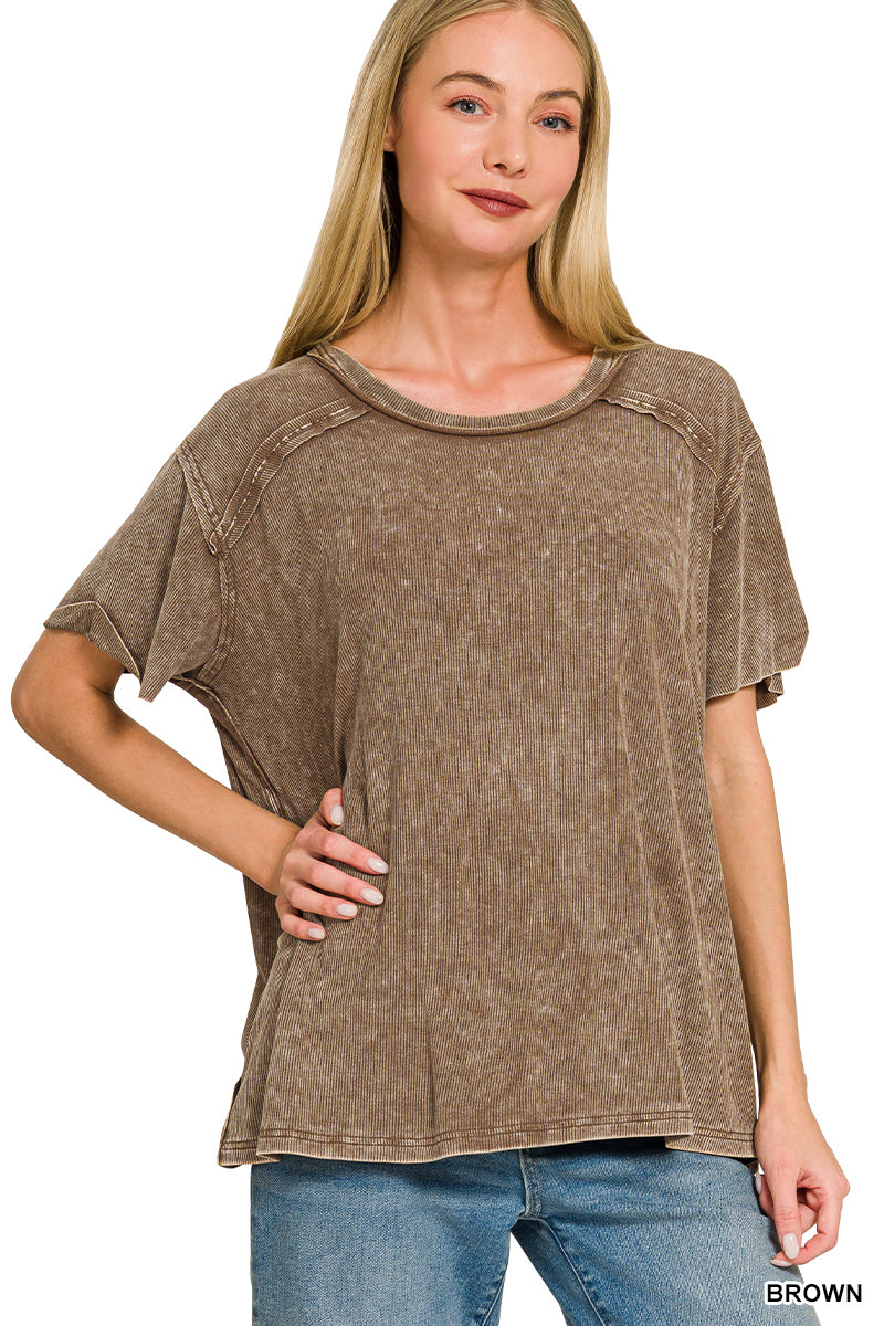 Candy Pink Washed Ribbed Short Sleeve Top