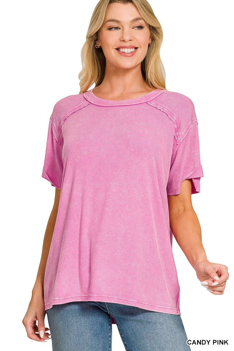 Candy Pink Washed Ribbed Short Sleeve Top
