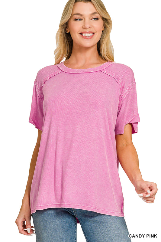 Candy Pink Washed Ribbed Short Sleeve Top