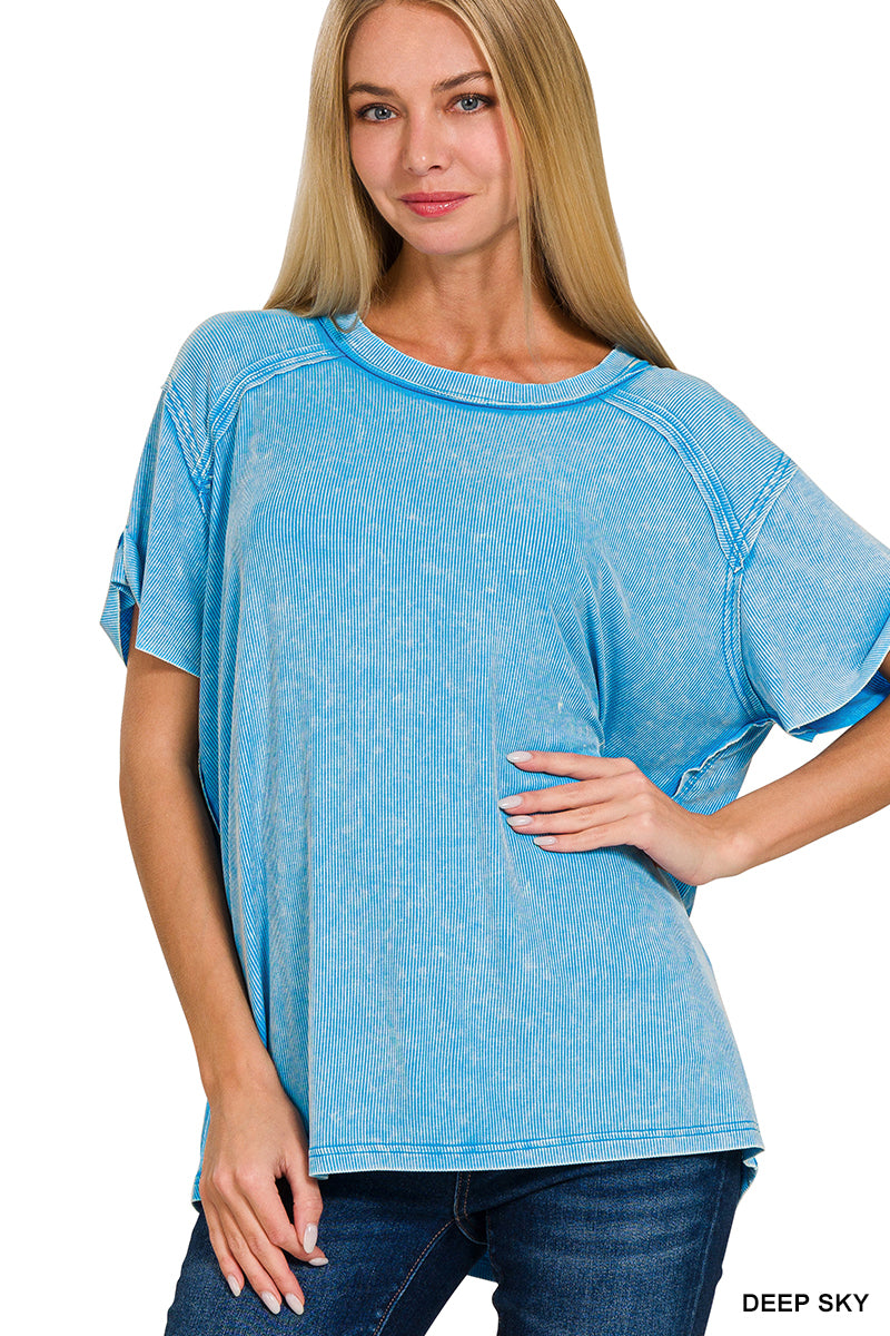 Deep Sky Washed Ribbed Short Sleeve Top