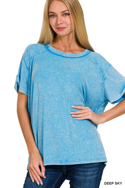Deep Sky Washed Ribbed Short Sleeve Top