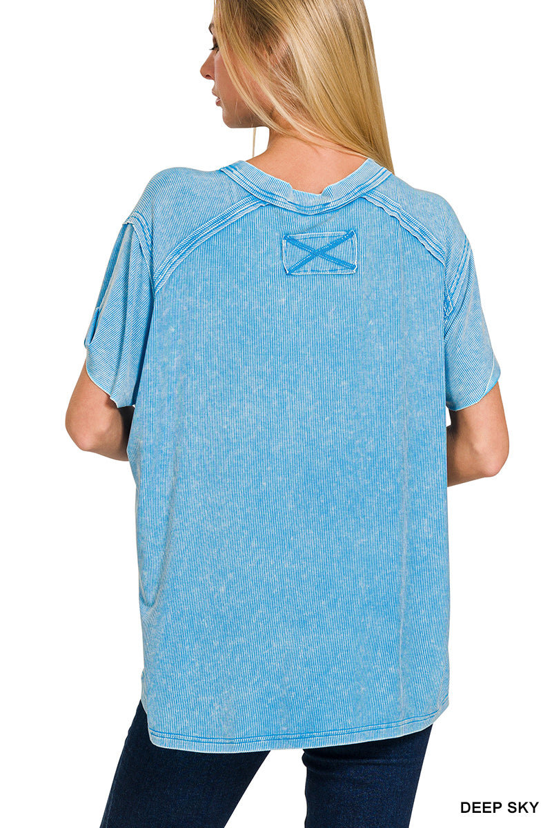Deep Sky Washed Ribbed Short Sleeve Top