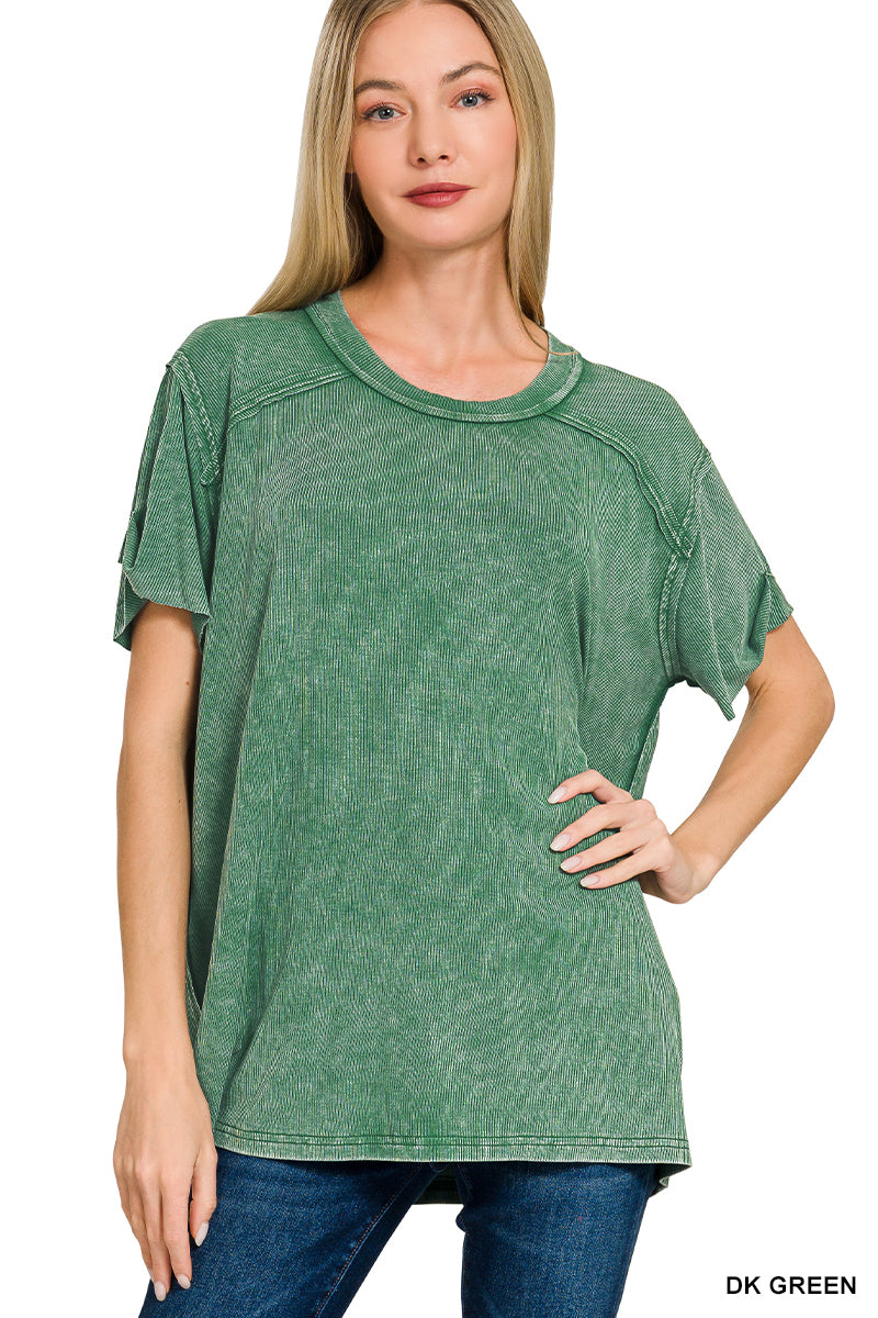 Candy Pink Washed Ribbed Short Sleeve Top